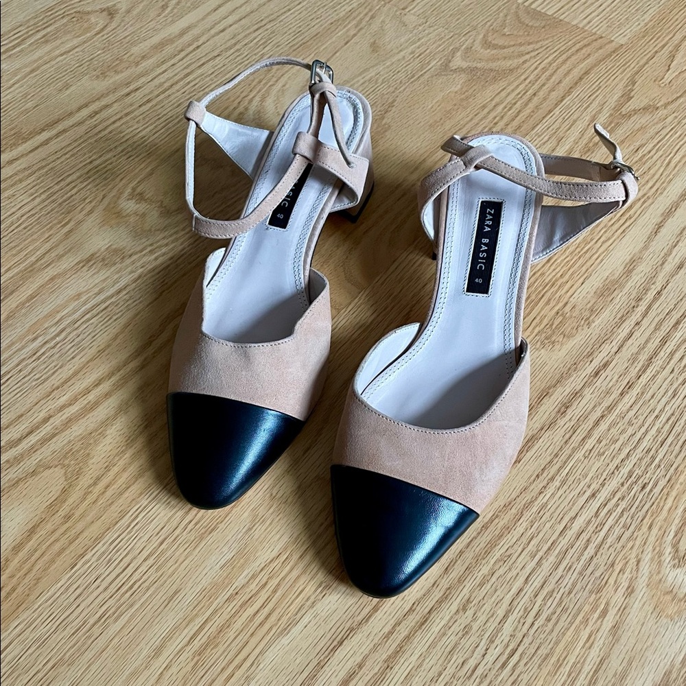 Zara close-toe black and beige block heel